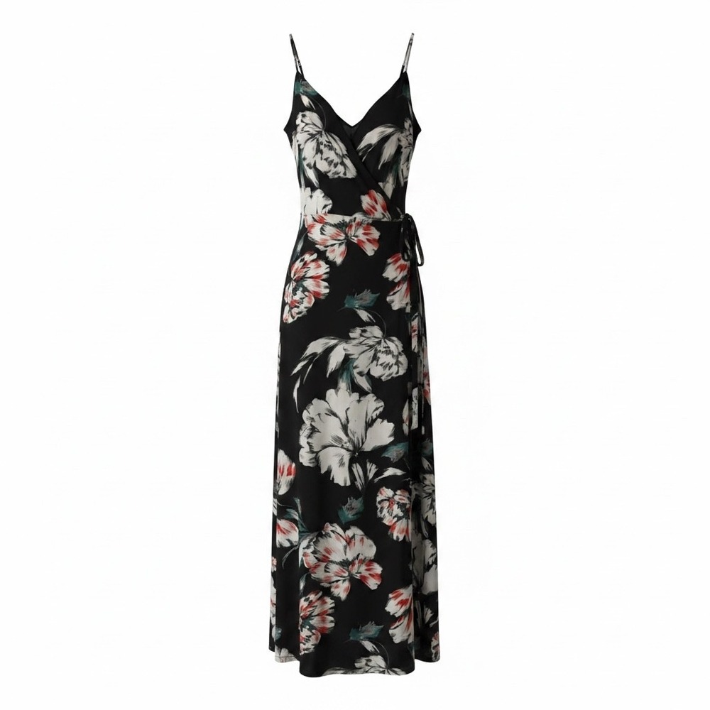 Philosophy Republic Clothing Black Floral Wrap Maxi Dress Size 6 V-Neck Chiffon